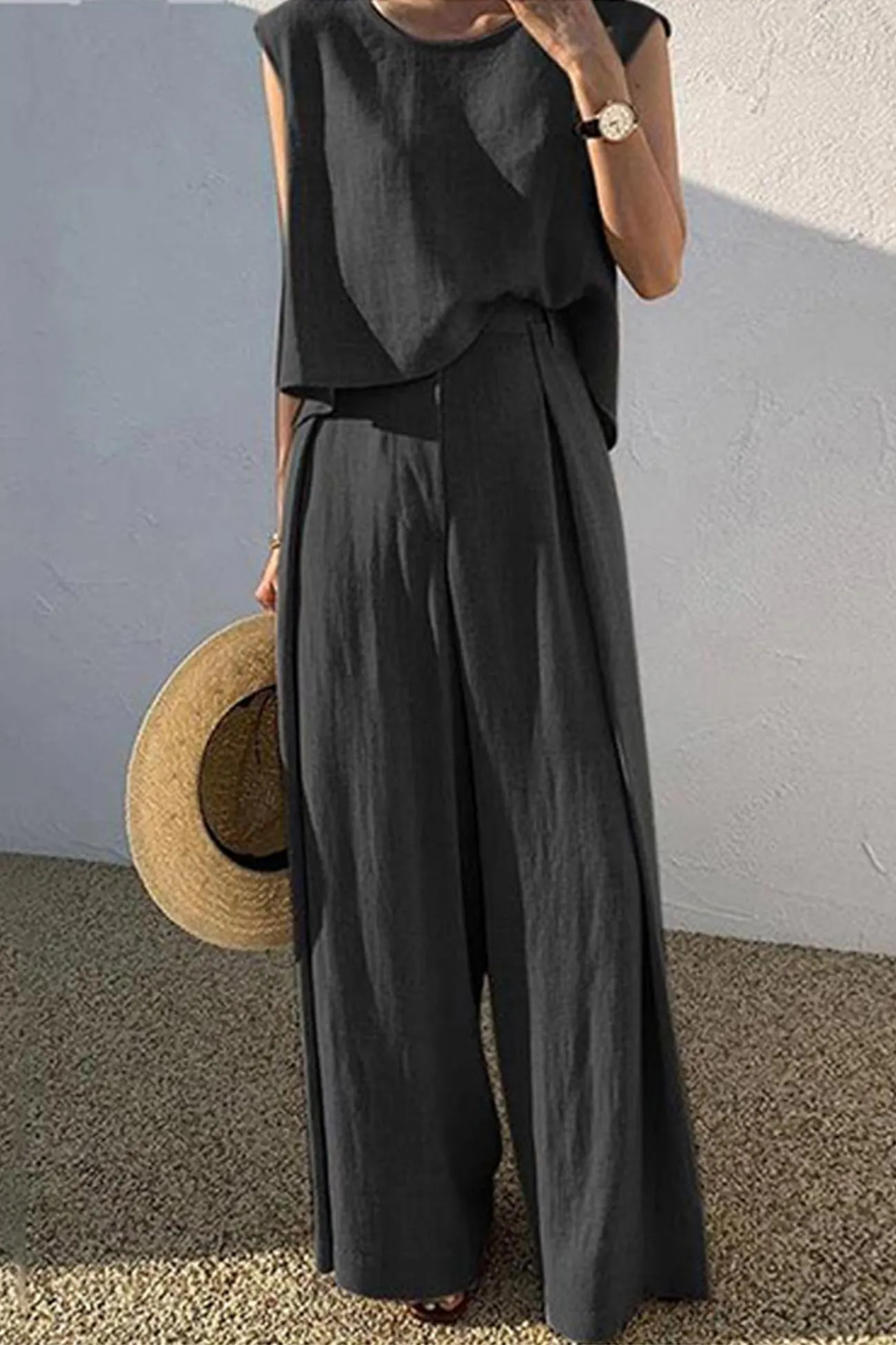 Maxct Cotton Solid Tank Pants Suits
