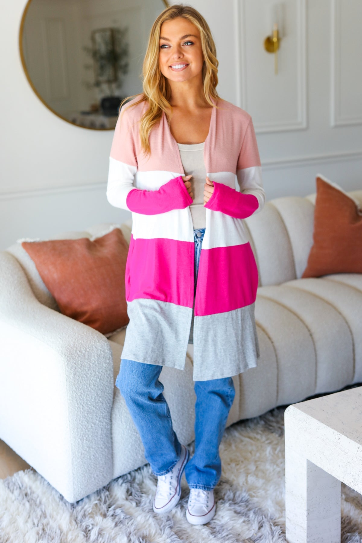 Maxct &Face The Day Blush Wide Stripe Hacci Colorblock Cardigan