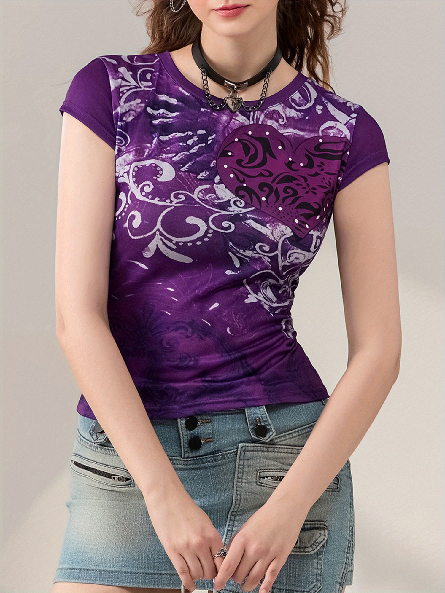 Womens Casual Short Sleeve T-shirt Vintage Printing Round Neck Exposed Navel Slim Fit Tops