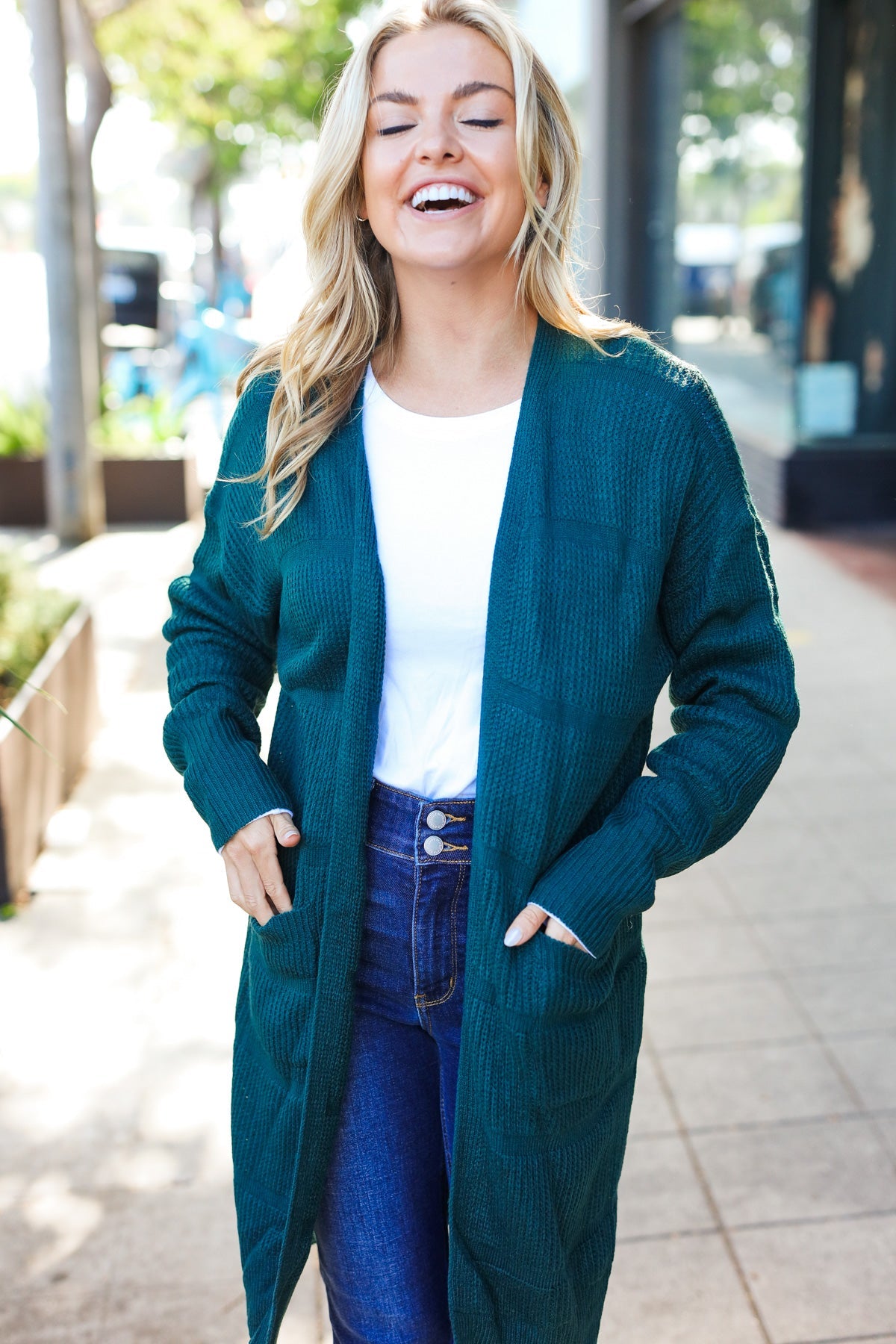Maxct &Everyday Hunter Green Striped Knit Open Cardigan