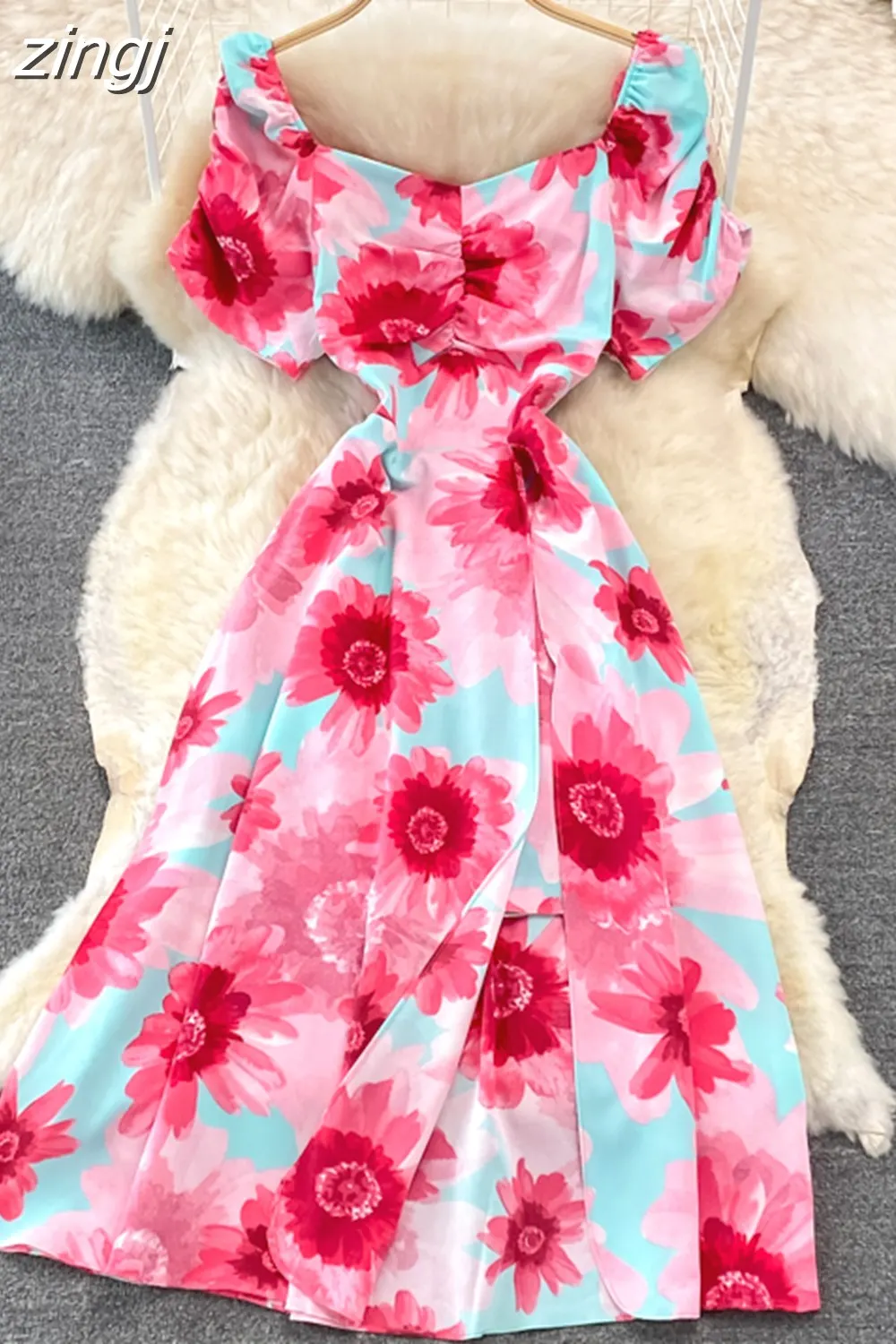 Maxct Vintage Women Printed Dresss Sexy Square Collar Short Puff Sleeve High Waist A-Line Vacation Beach Vestidos Female New