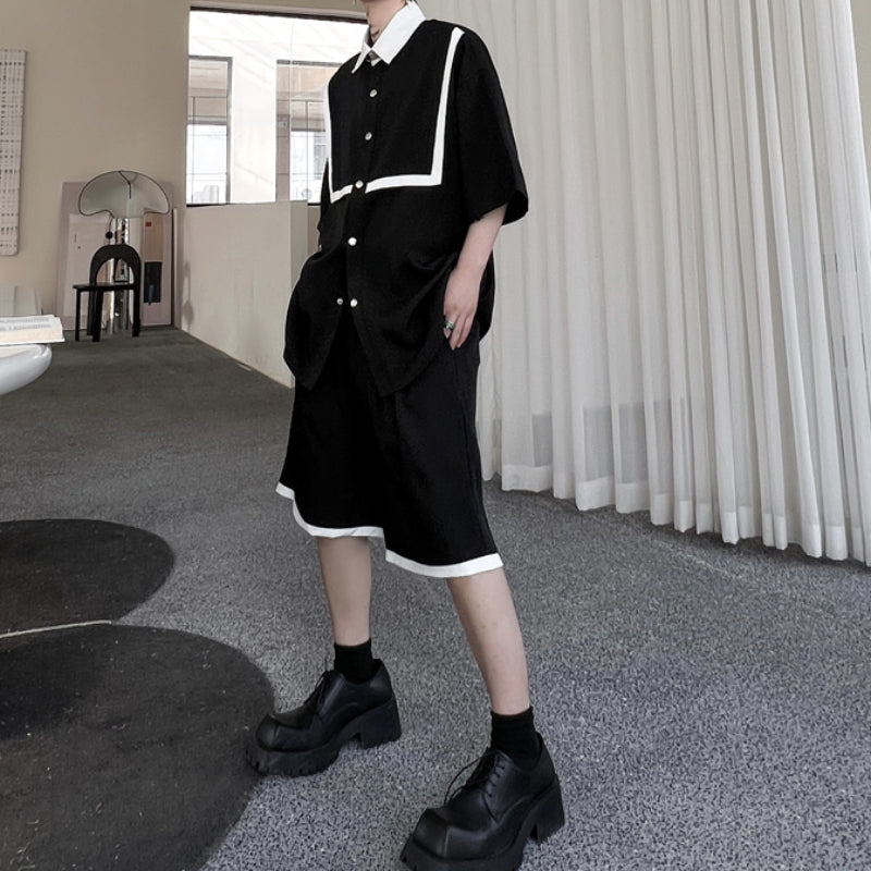 Maxct Color Contrast Short-sleeved Shirt Shorts Two-piece Set