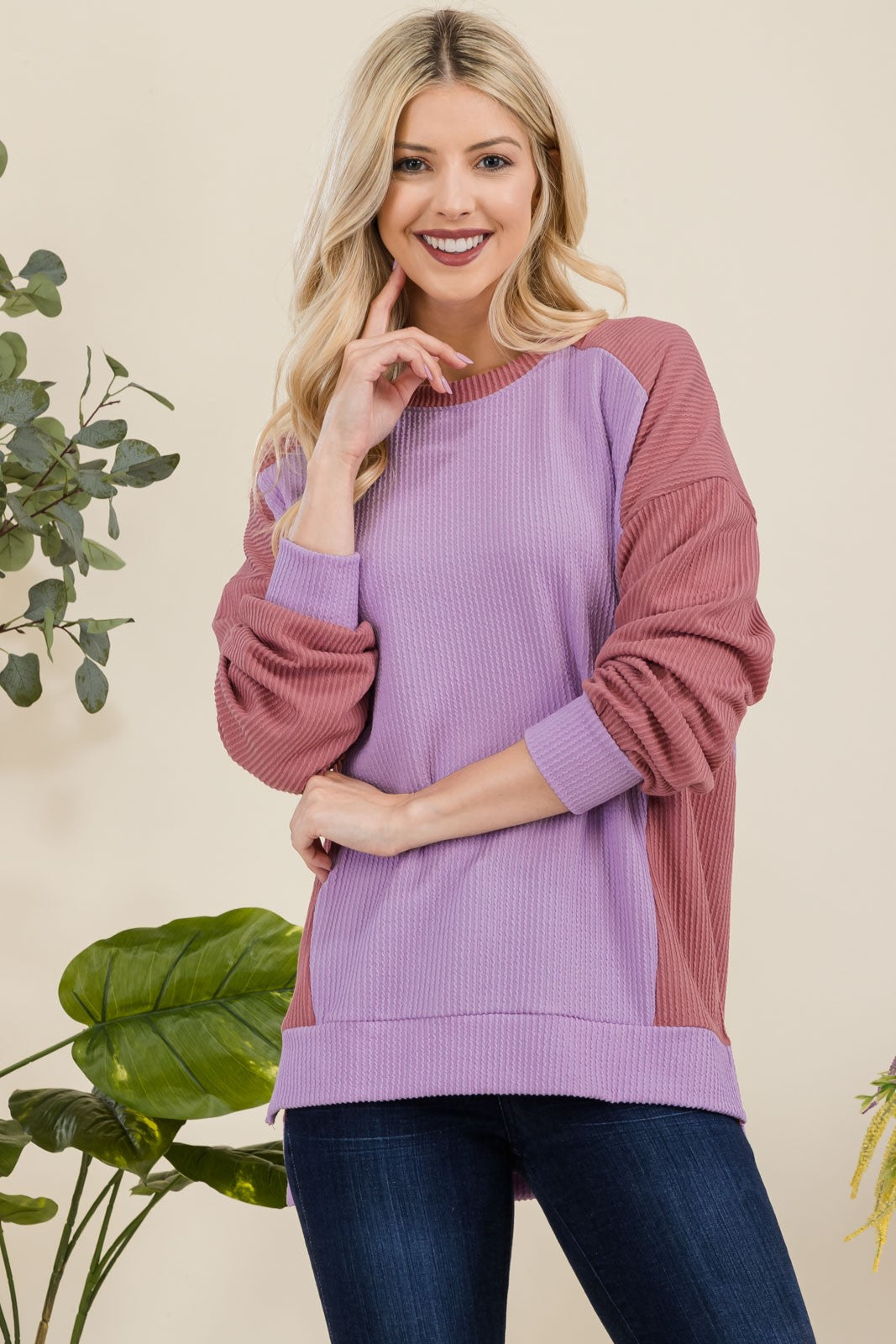 Maxct &Celeste Full Size High-Low Contrast Round Neck Sweatshirt