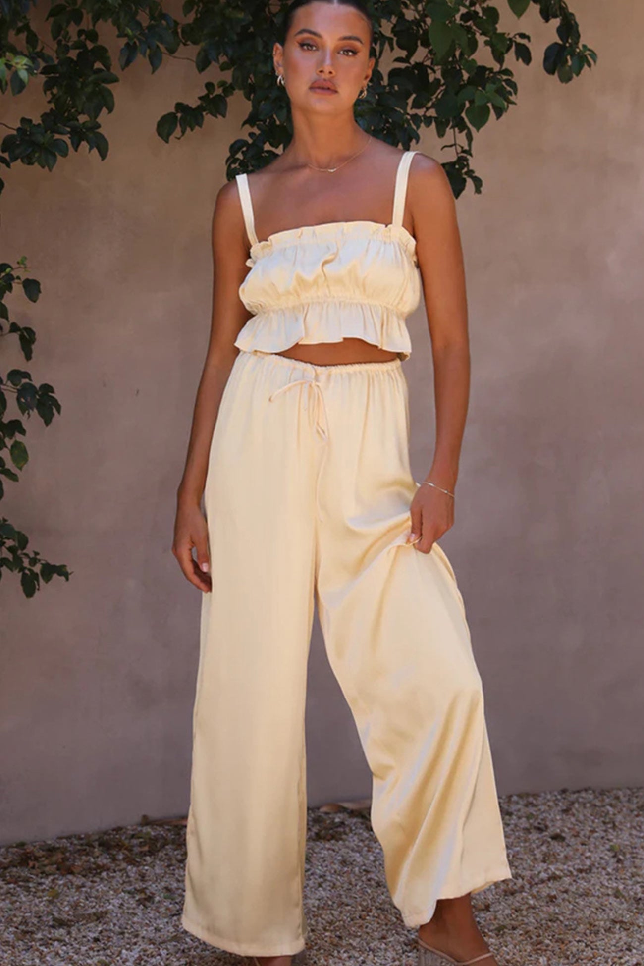 Maxct Smocked Ruffle Cami Crop Top Wide Leg Long Pants Set