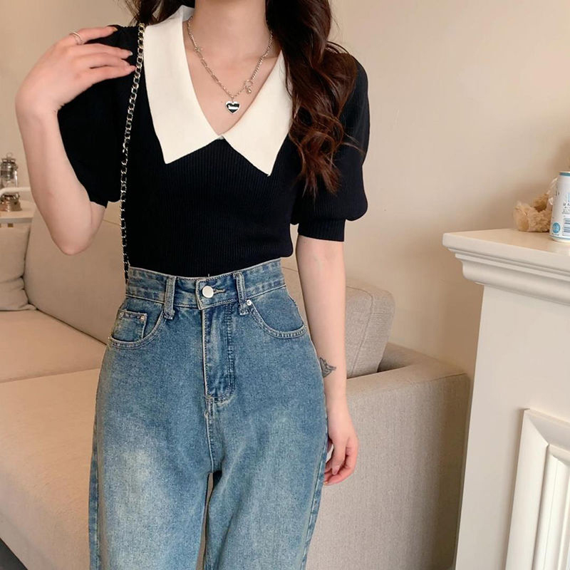 Maxct Vintage Knitted Pullover T Shirt Women Sweet Patchwork Puff Short Sleeve Tops Office Elegant Peter Pan Collar Slim Tees