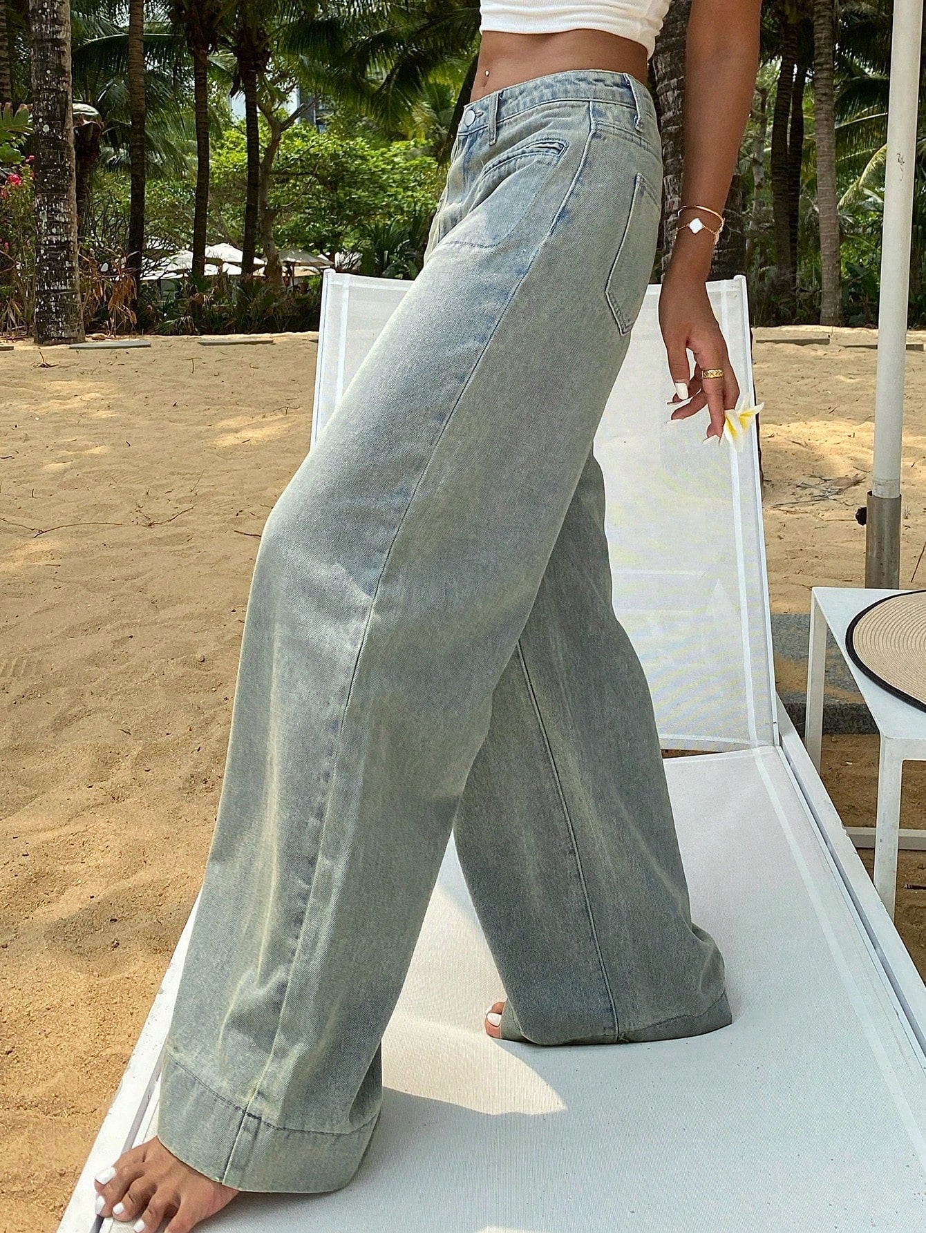 Maxct Women Wide Leg Loose Denim Pants With Double Pockets For Daily Casual Wear