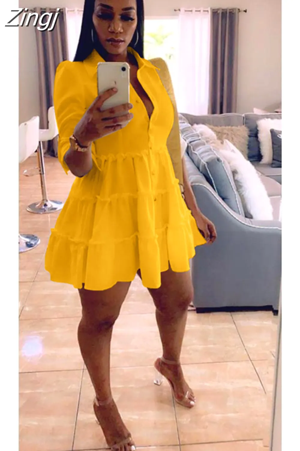 Maxct Solid Ruffles Shirt Dress Women Streetwear Half Sleeve Buttons Up High Waist Mini Dress Summer Casual Party Dresses