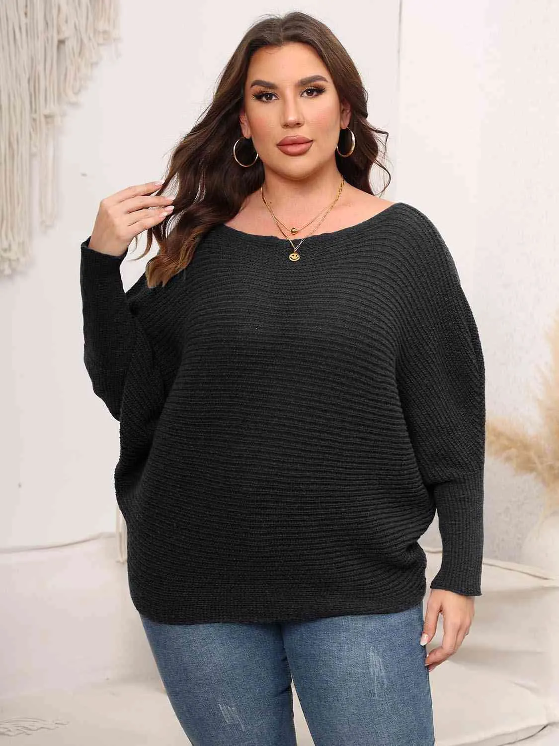 Maxct &Full Size Boat Neck Batwing Sleeve Sweater