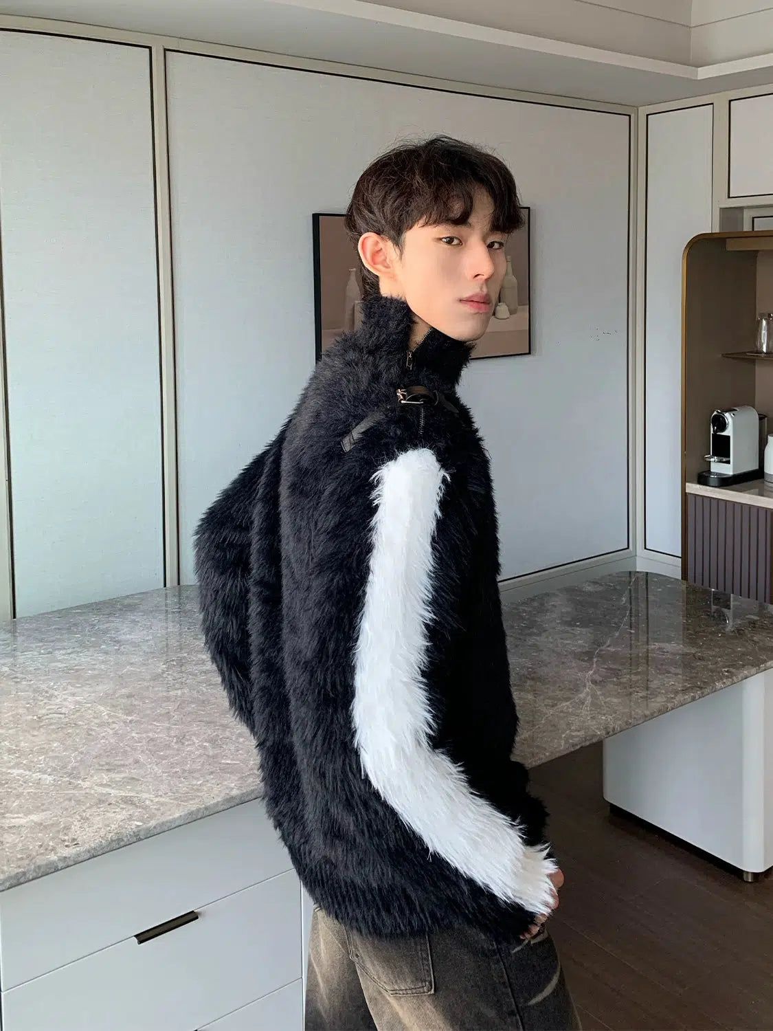 Maxct Colorblock Stand-up Collar Faux Mink Sweater