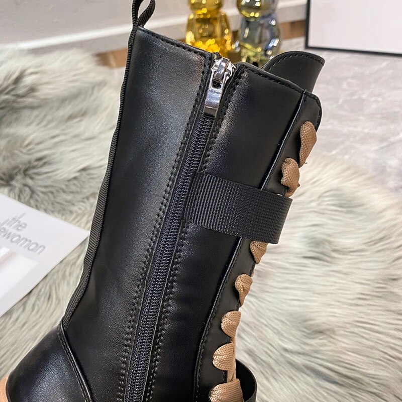 Platform Boots PU Leather Mid-Calf Combat for Women