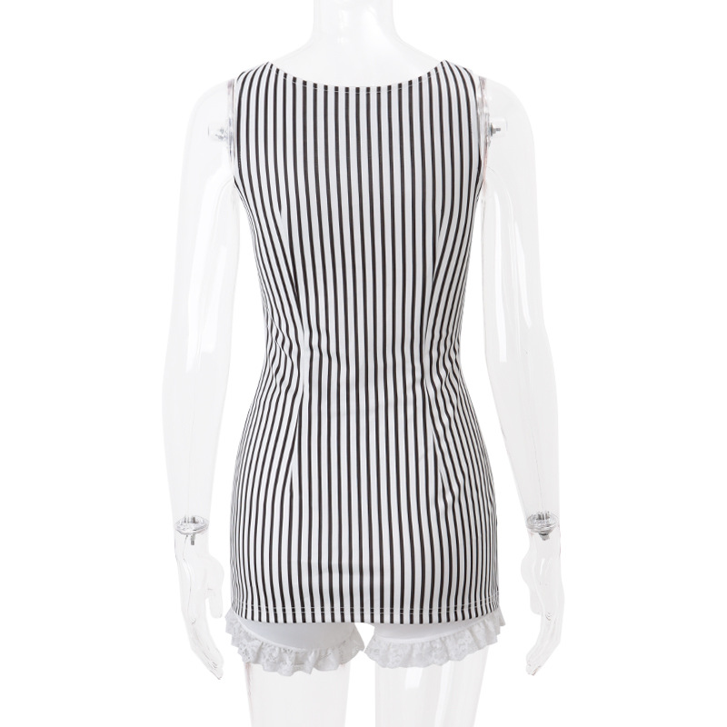 y2k 2 Piece Set Stripe Print Sleeveless Lace Trim V Neck Mini Bodycon Dress with Shorts 2000s Streetwear