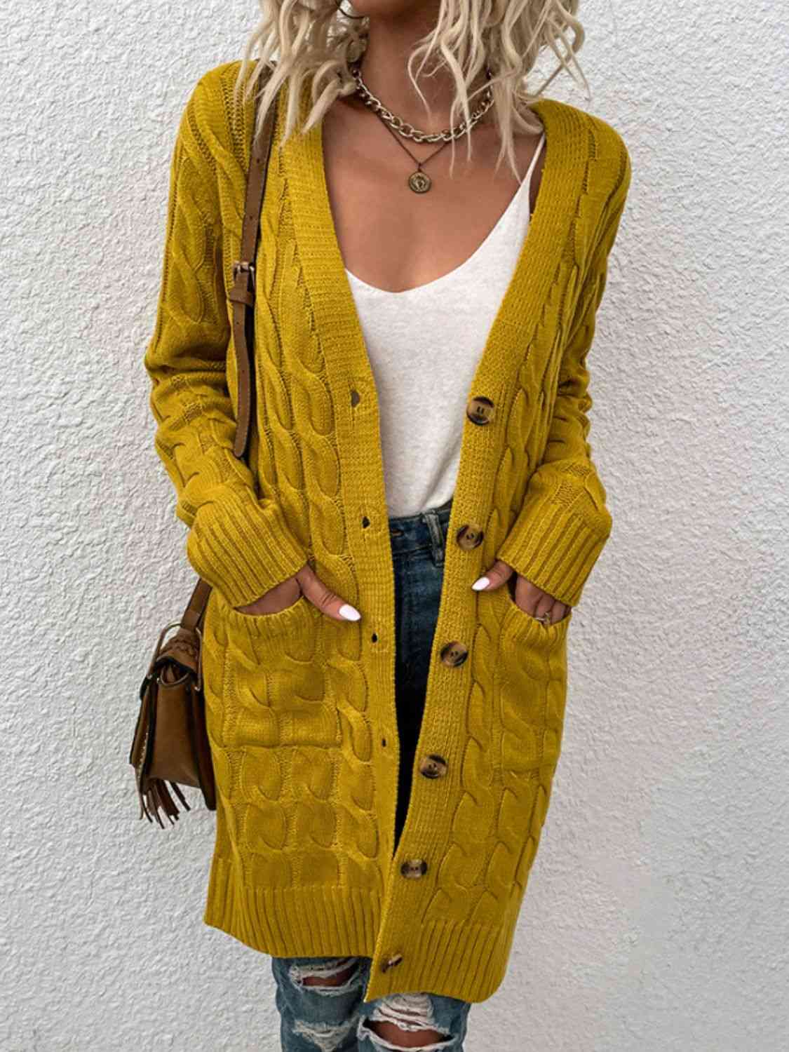 Maxct &Cable-Knit Button Down Cardigan with Pockets