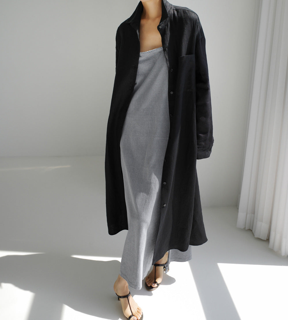 Women Spring Loose Mid-Length Slit Cotton Linen Shirt Dress