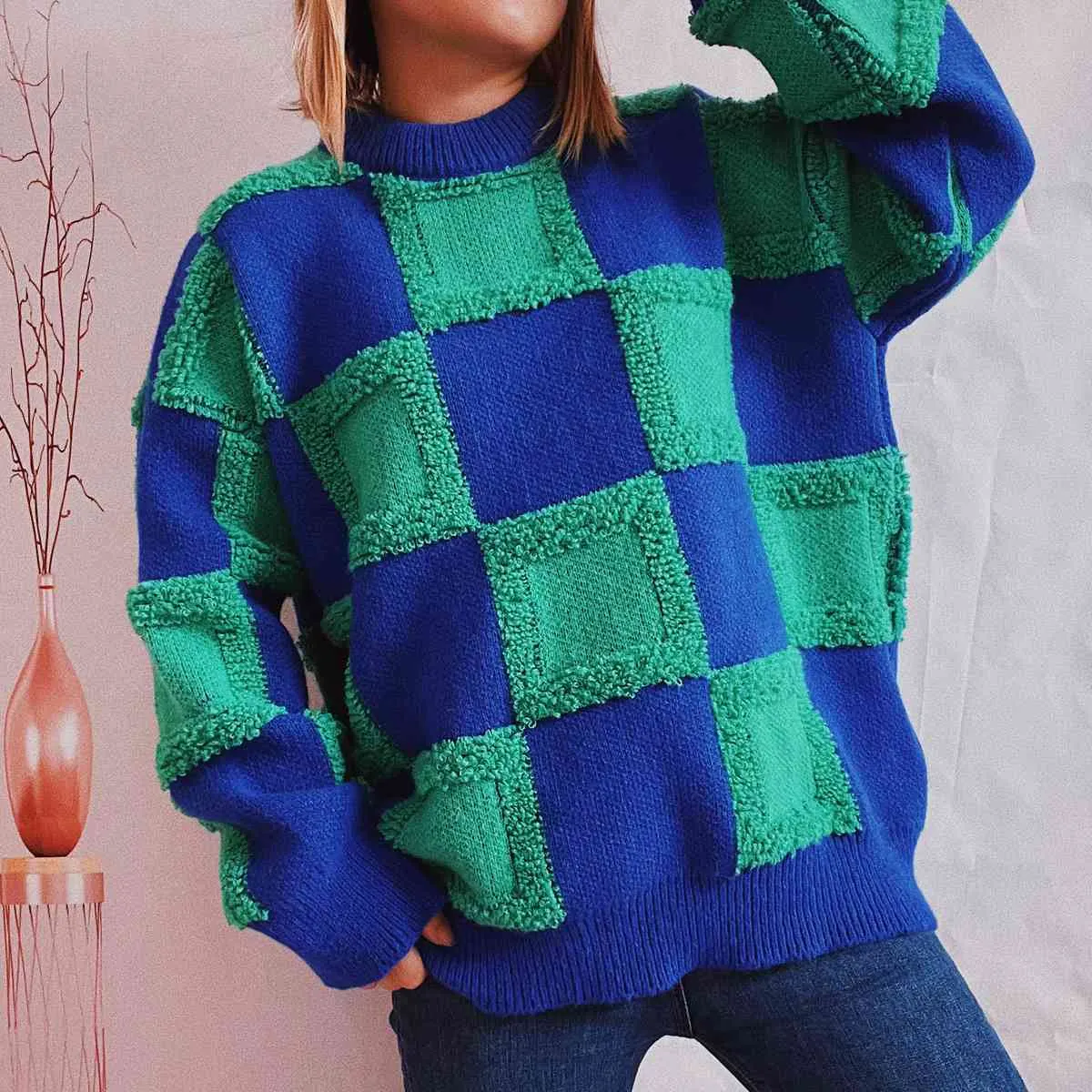 Maxct &Checkered Round Neck Long Sleeve Sweater