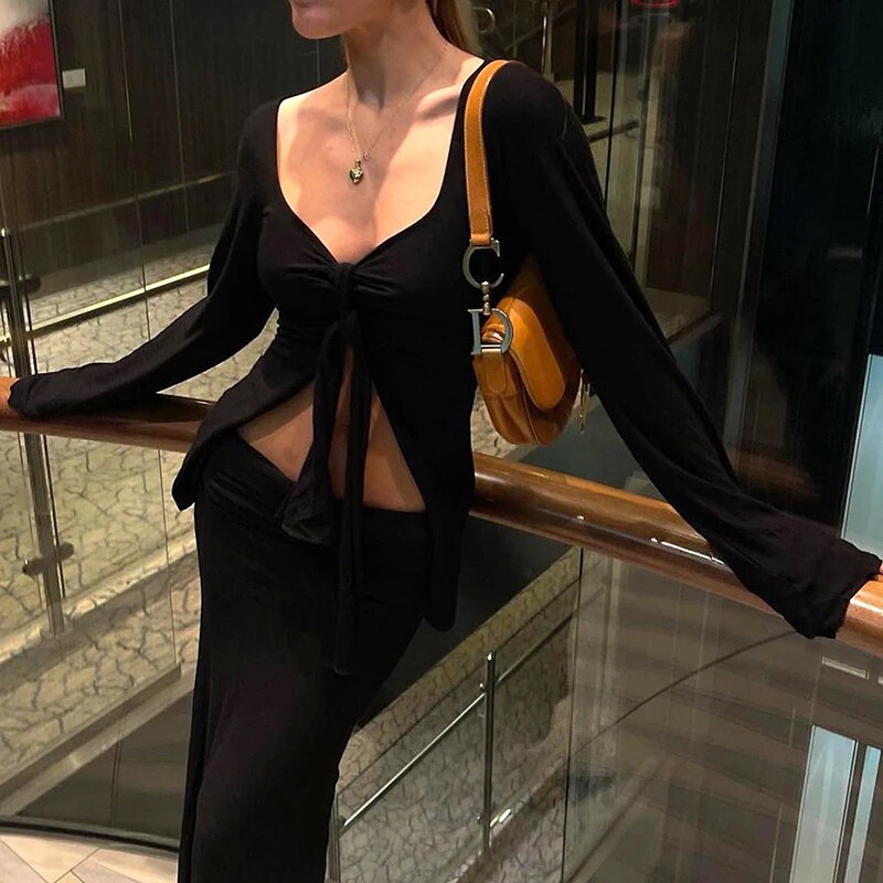 Maxct Womens Long Sleeve T-Shirts Solid Color Deep V-Neck Front Tie Split Bow Knot Casual Fall Winter Fashion Slim Fit Tops