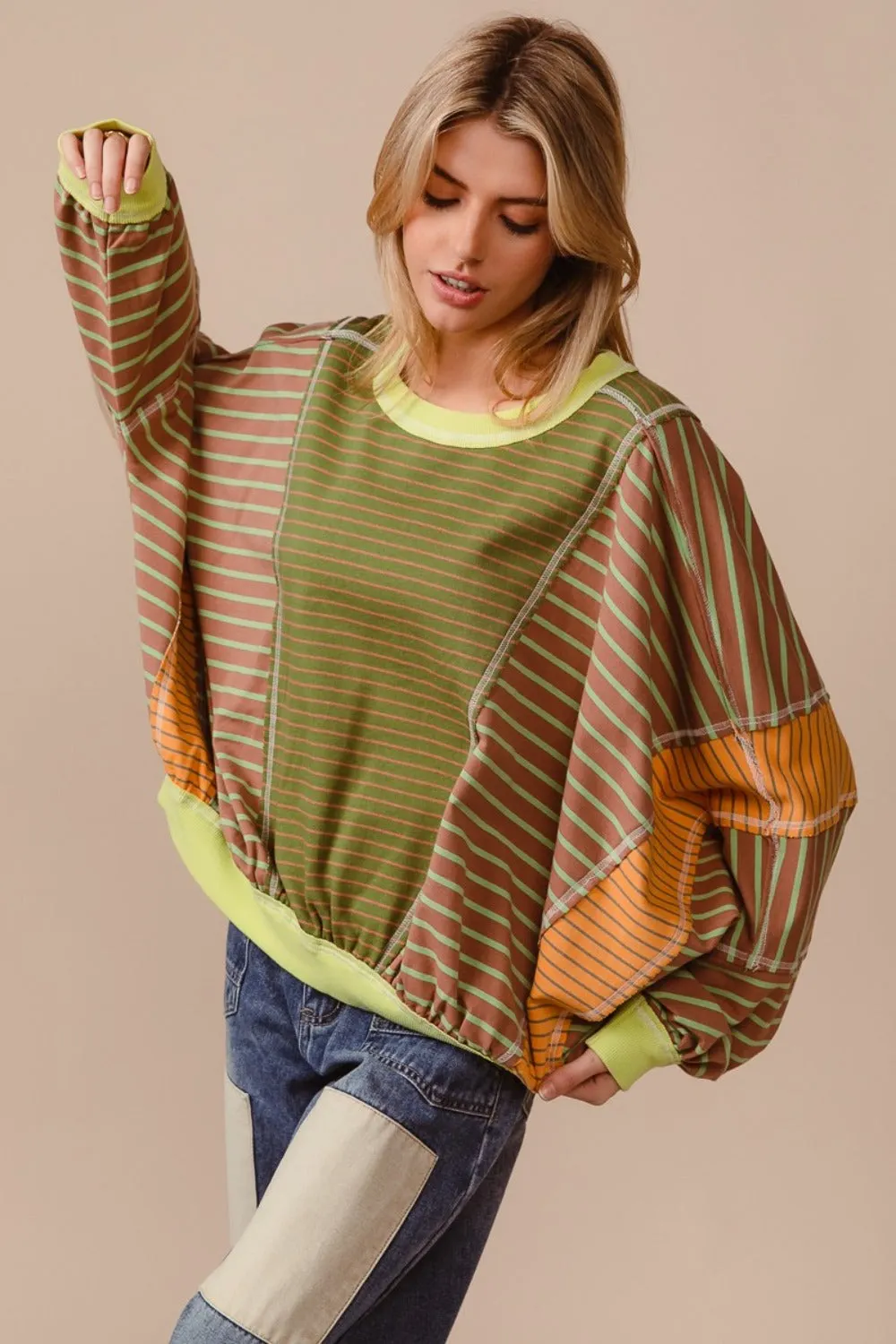 Maxct &BiBi Color Block Striped Round Neck Sweatshirt