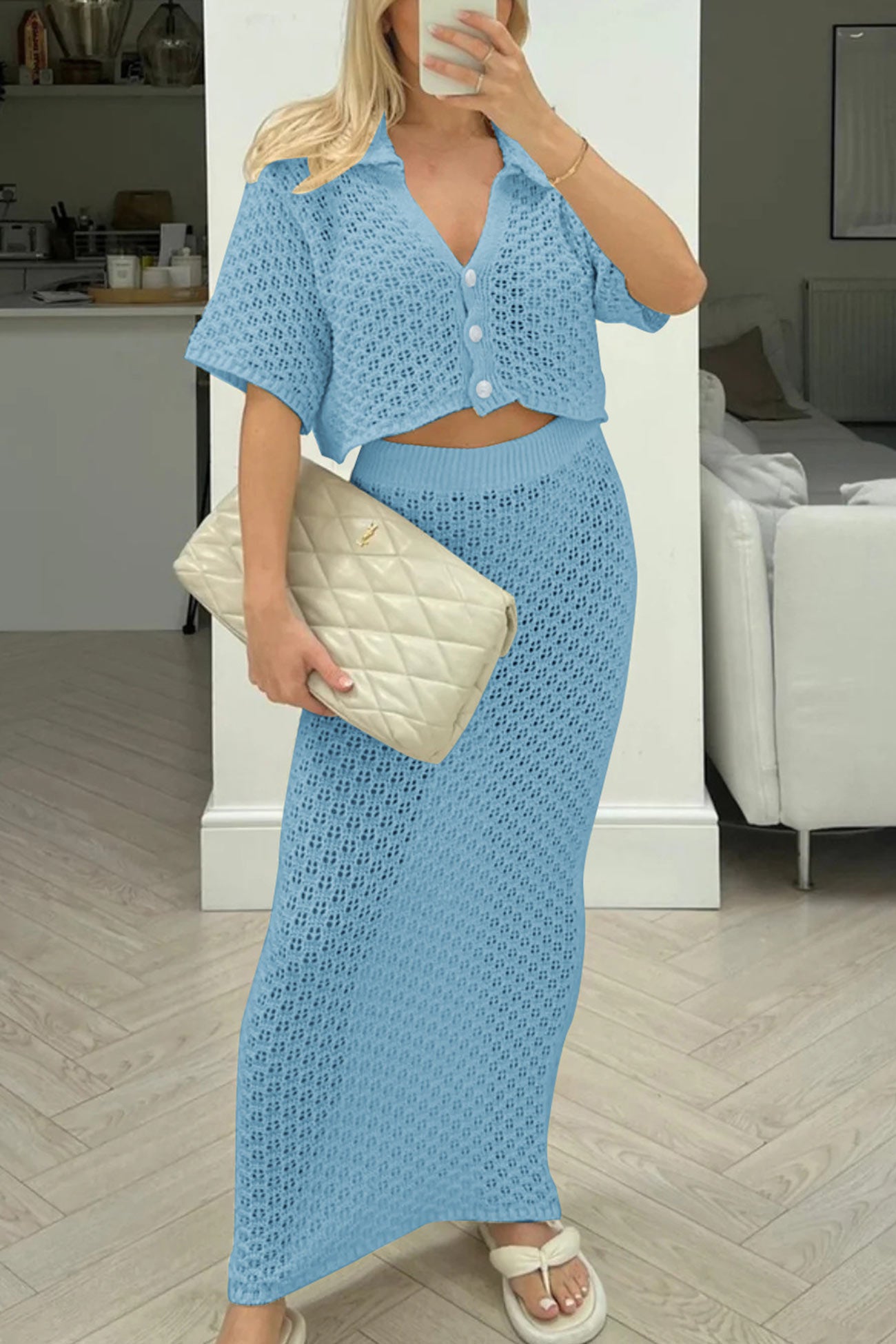 Maxct Hollow Out Crochet Blouses Midi Skirt Suits