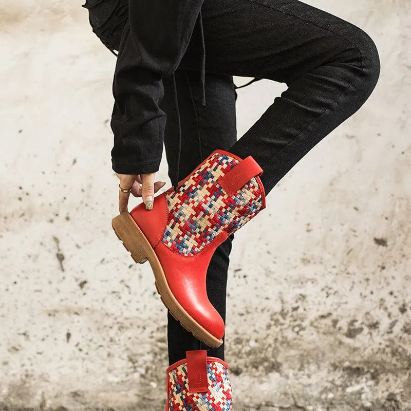 Woven Boots Mid Calf Color Blocking Design Cowgirl Boots Maxct