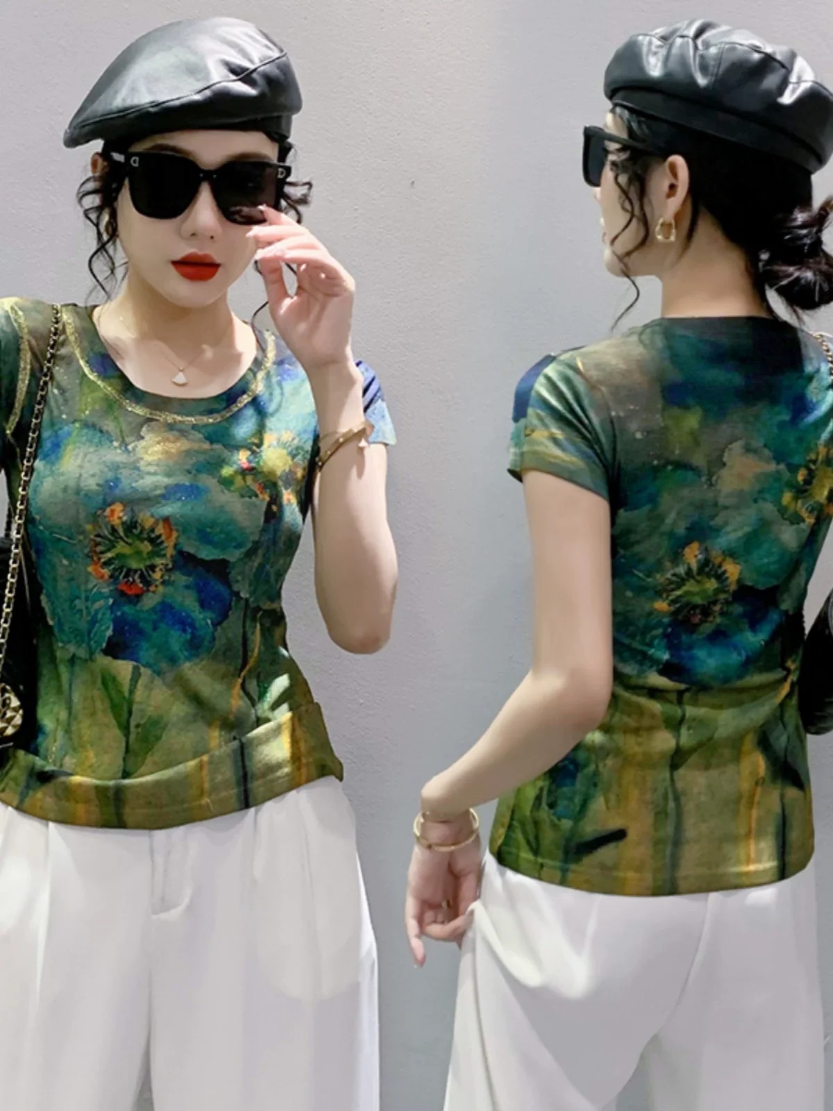 Maxct Summer Fashion Bronzing T-shirts Women's Printed Floral High Stretchy Tops Tees Lady Slim T Shirt