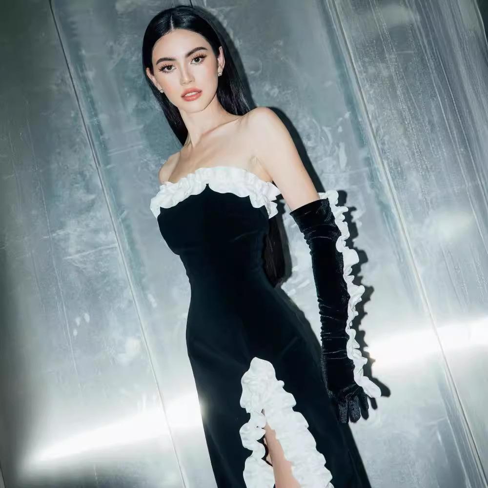 Maxct European And American-style Women's Clothing White Wood-ear Edge Bandage Dress High-class French Nightclub Party Evening Dress Burst