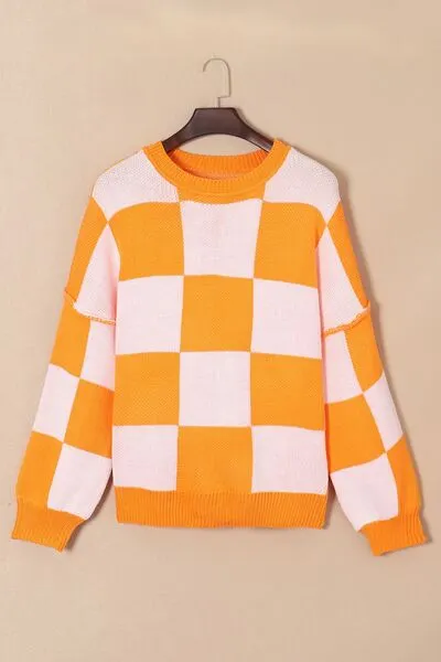 Maxct &Checkered Exposed Seam Drooped Shoulder Sweater