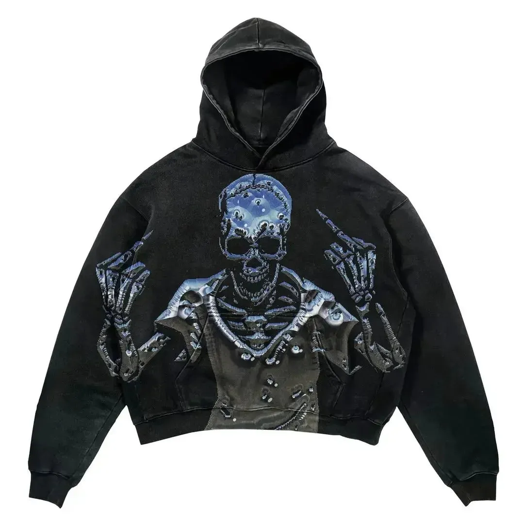 Maxct Y2k Punk Wind Skull Printed Cotton Hoodies Sweatshirt Couples Hip-hop Retro Street Loose Oversized Hoodies Harajuku Gothic Top