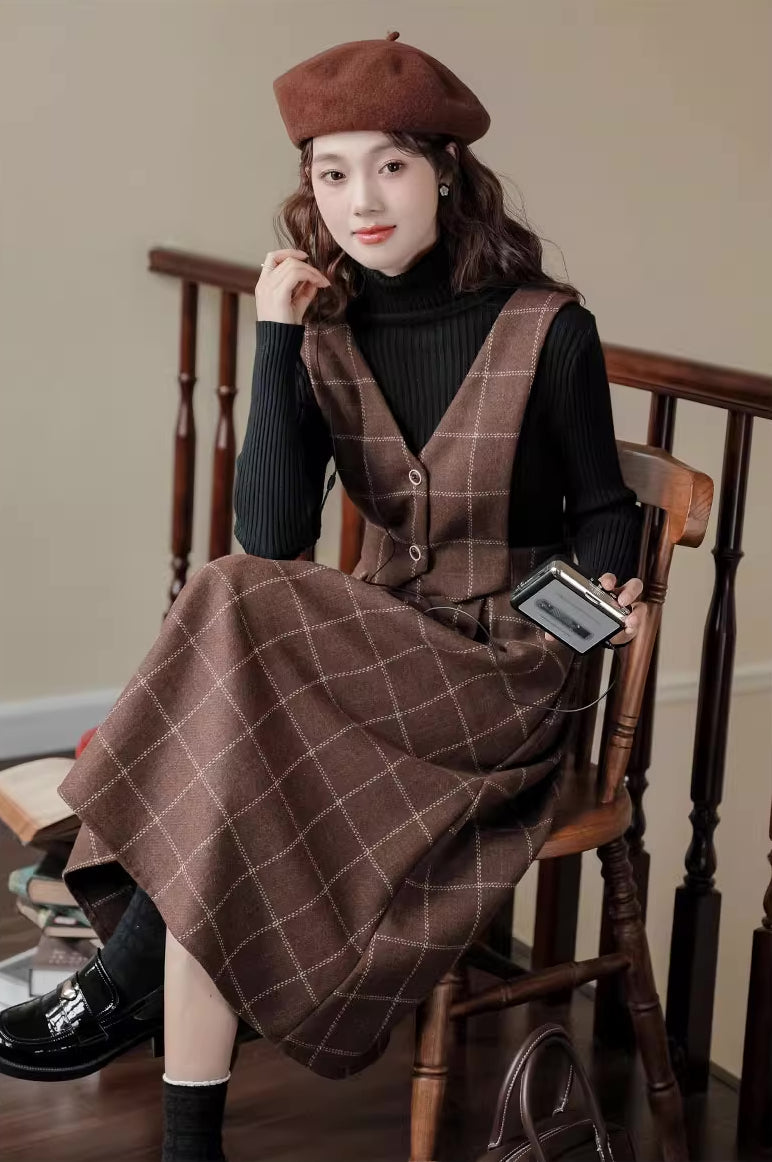 Plaid Vest Pinafore Dress Maxct