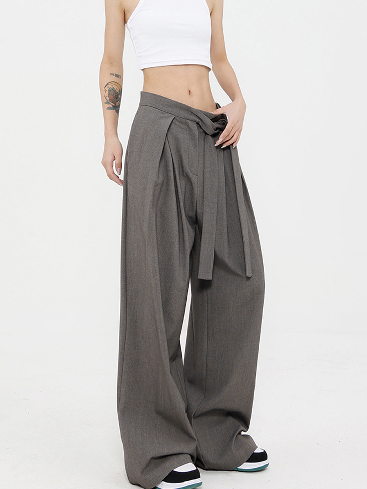 Maxct Tied Pleated Full Length Wide Leg Dress Pants