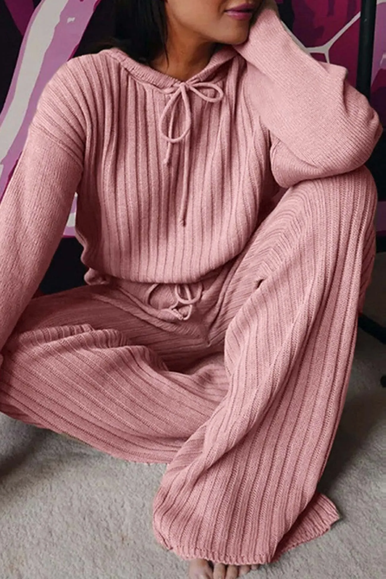 Maxct Ribbed Drawstring Hoodie Long Pants Set
