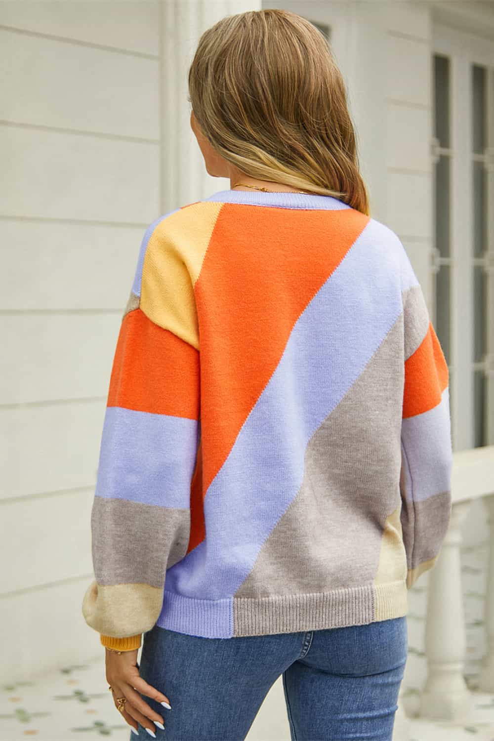 Maxct &Color Block Round Neck Long Sleeve Sweater