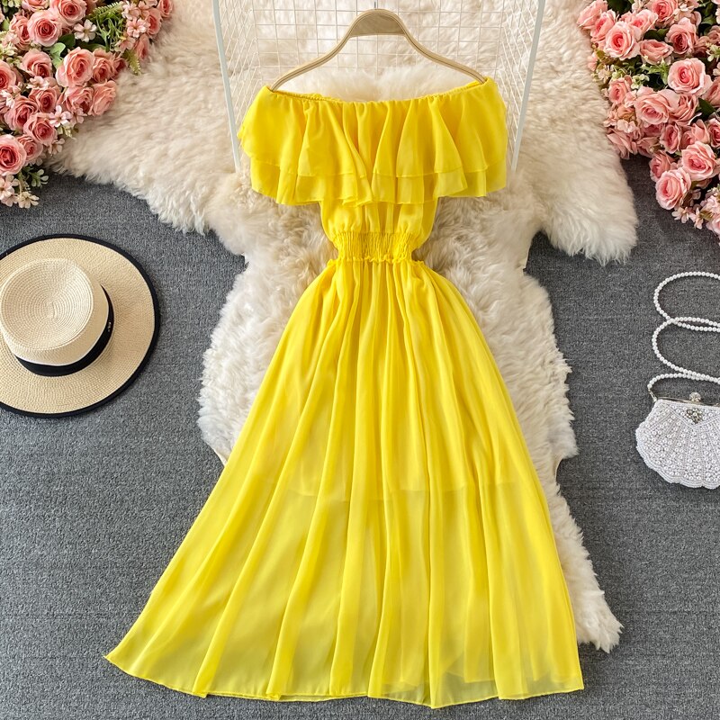 Chiffon Dress Women Sexy Slash Neck Ruffle Robe Elegant Ruffle High Waist Vestidos Female Beach Vacation New