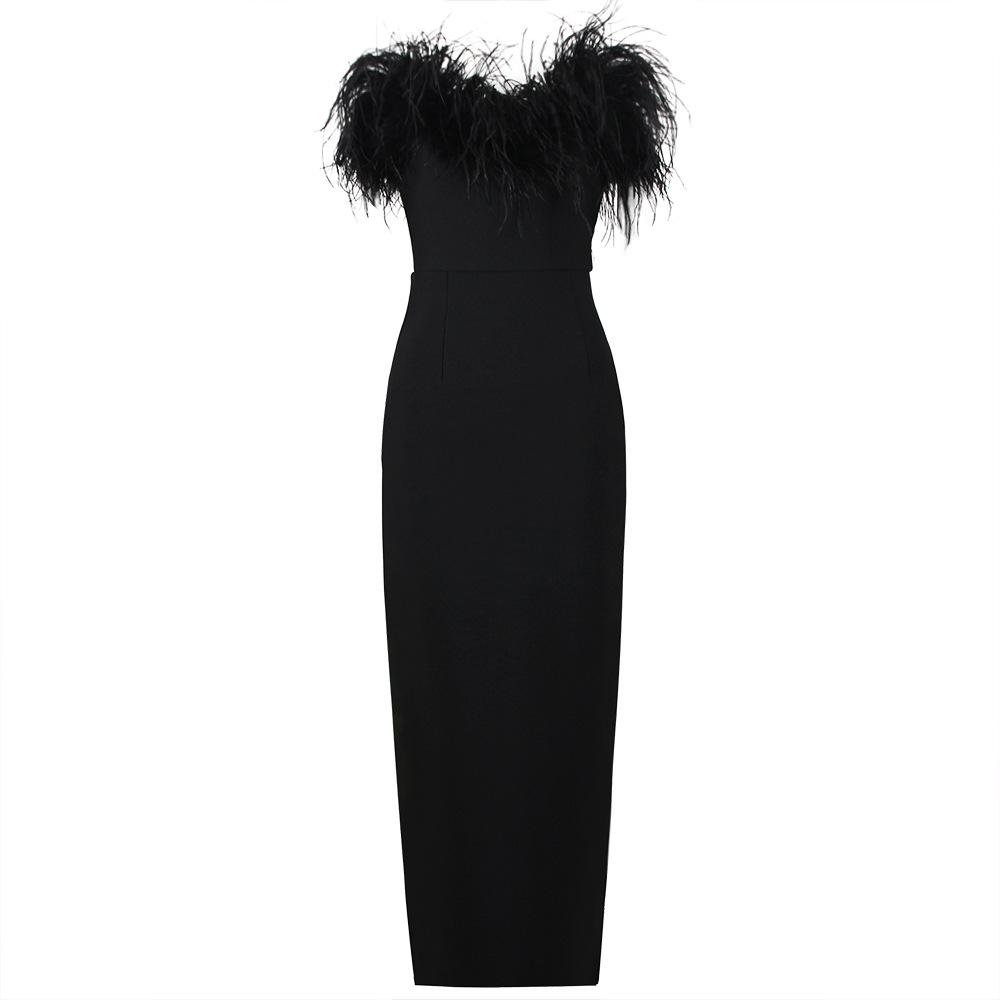 Maxct High-end Trendy Niche Designer Evening Dress Autumn And Winter Women's Clothing Trend Ostrich Hair Gowns Bandage Dress Women