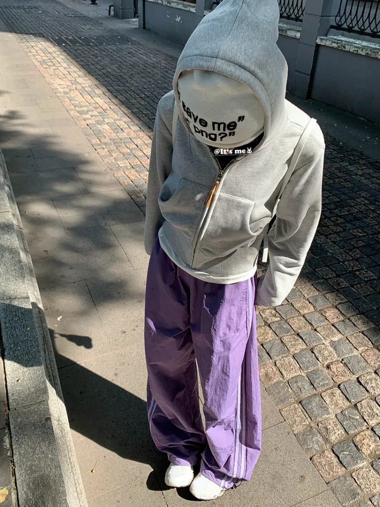 Maxct Grey Cropped Hoodies Zip Up Long Sleeve Sweatshirt Cardigan Oversized Autumn Fashion Wide Leg Track Pants Two Piece Sets