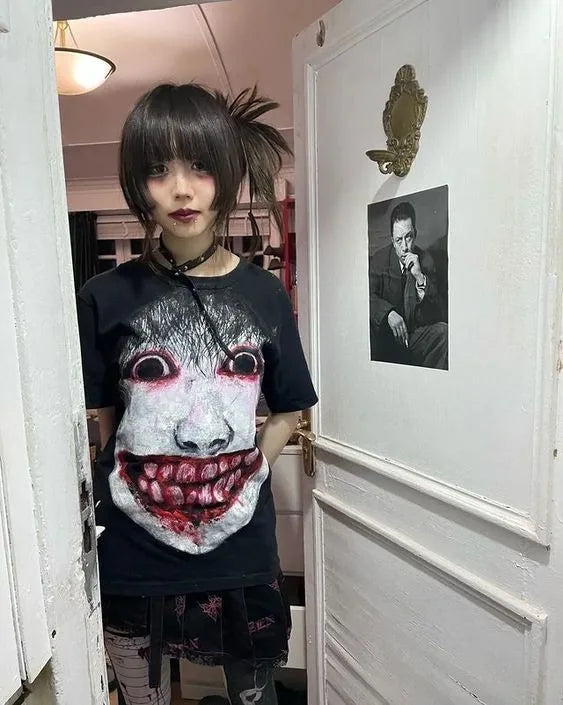 Maxct Y2k Harajuku Vintage Aesthetic Terror Print Oversized Graphic T Shirts Casual Summer Gothic Fashion GrungeTops Women T-shirts