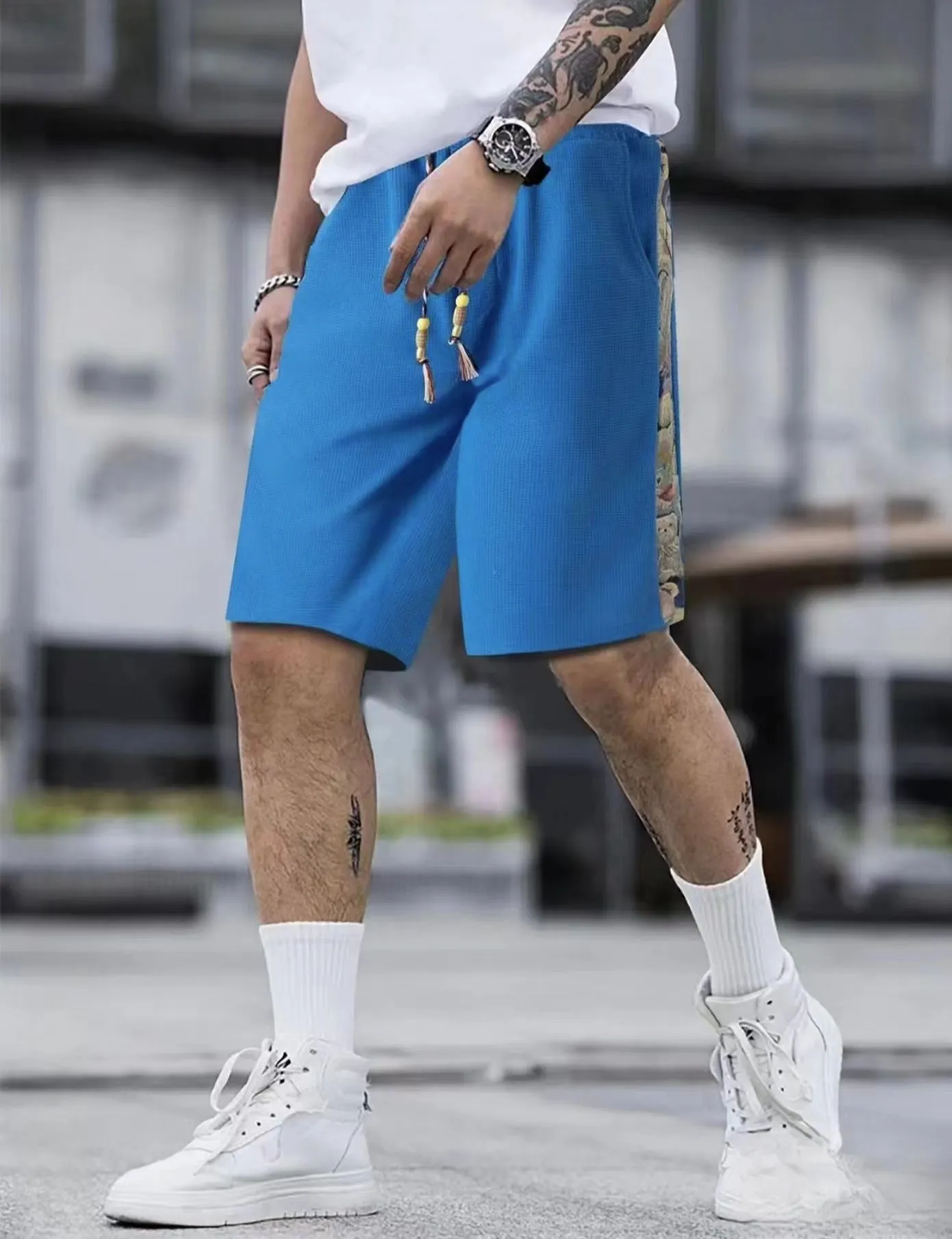 Maxct summer sweatpants boys loose and versatile outerwear sweatpants ins bear splicing five-point pants tide