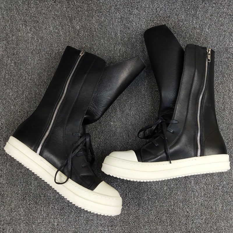 Leather Sneakers  Black Round Toe High-top Unisex Maxct
