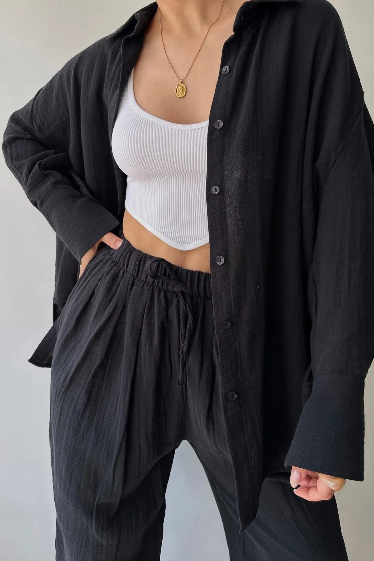 Maxct Lapel Long Sleeve Shirt Strappy Long Pants Suits