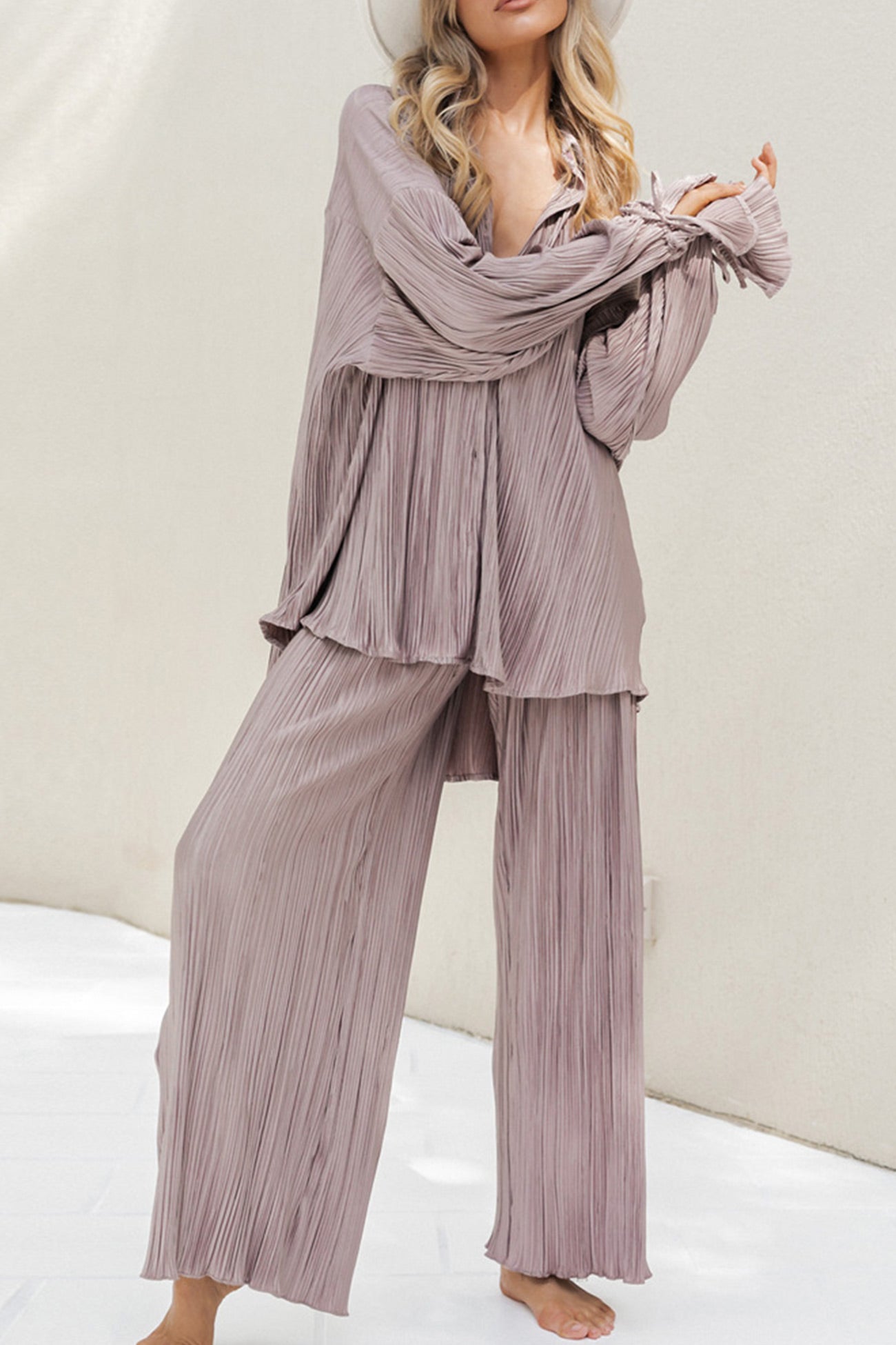 Maxct Pleated Blouse Slit Long Pants Set