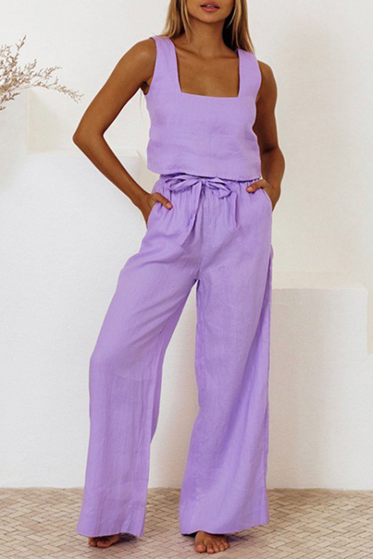 Maxct Cotton Waist-Tie Square Neck Pants Set