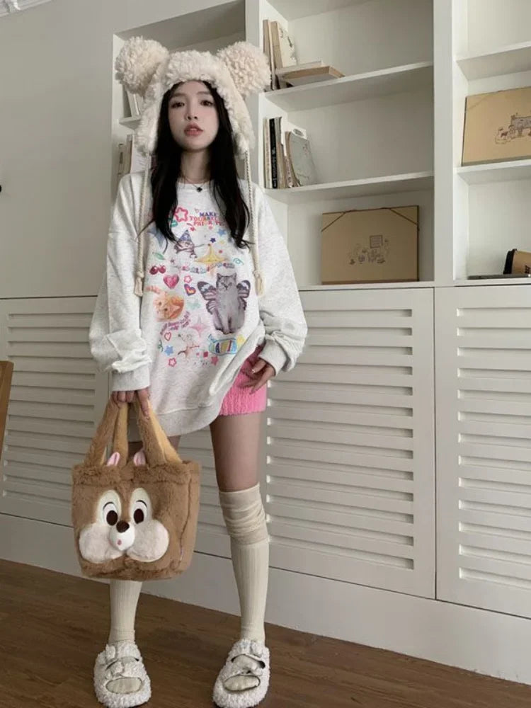 Maxct Kawaii Cat Print Hoodie Women Cutecore Long Sleeve Sweatshirt American Retro E-girl Kitten Angel Graphic Alt Clothes Y2k