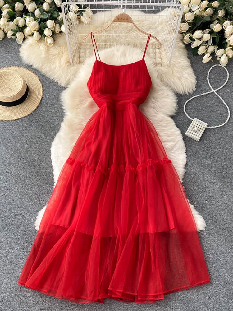Maxct Women Sexy Mesh Spaghetti Strap Long Dress Summer Orange/Purple/Blue/Pink Ruffle A-Line Beach Robe Female Elegant Party Vestidos