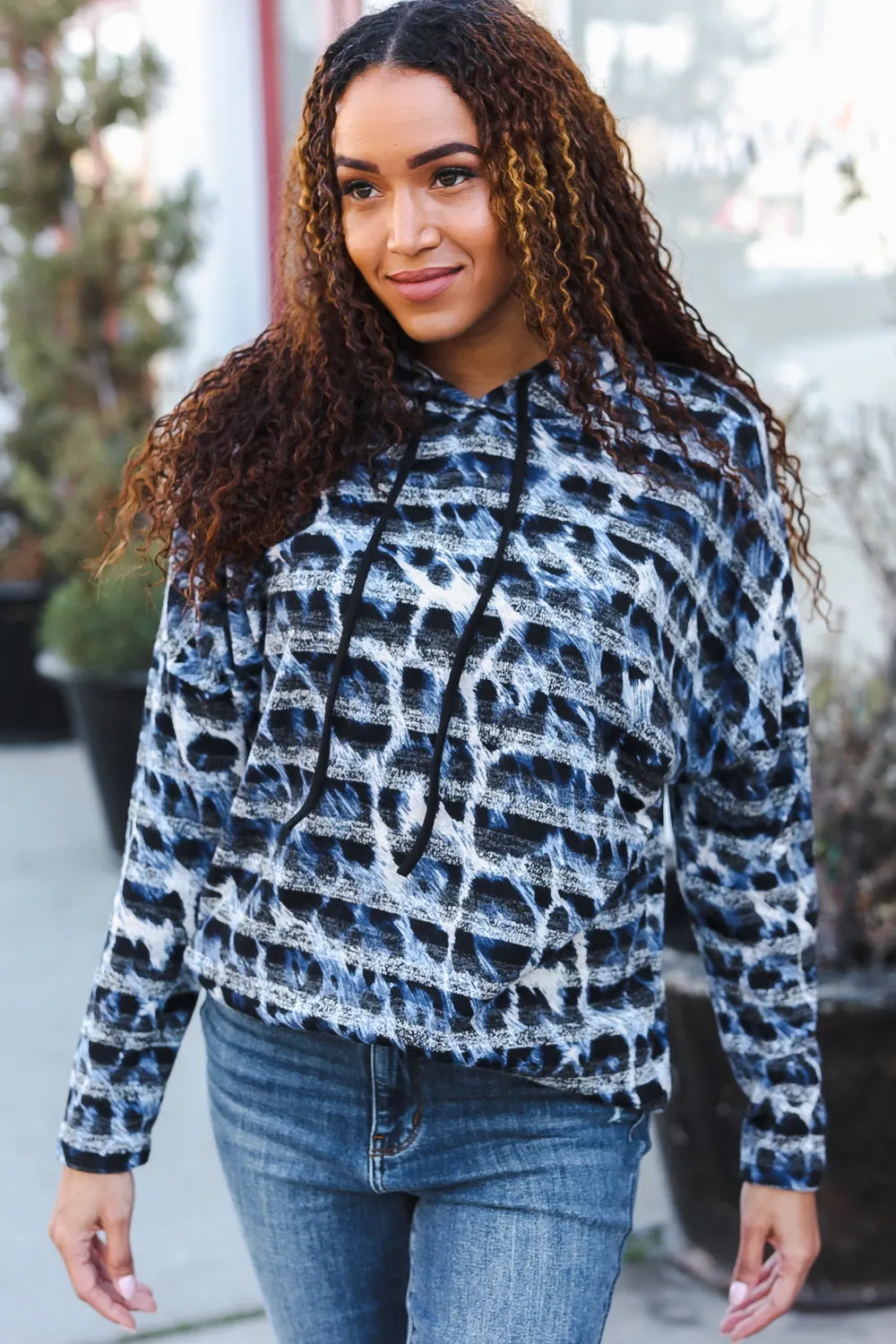 Maxct &Casual Chic Blue & Black Animal Print Stripe Hoodie