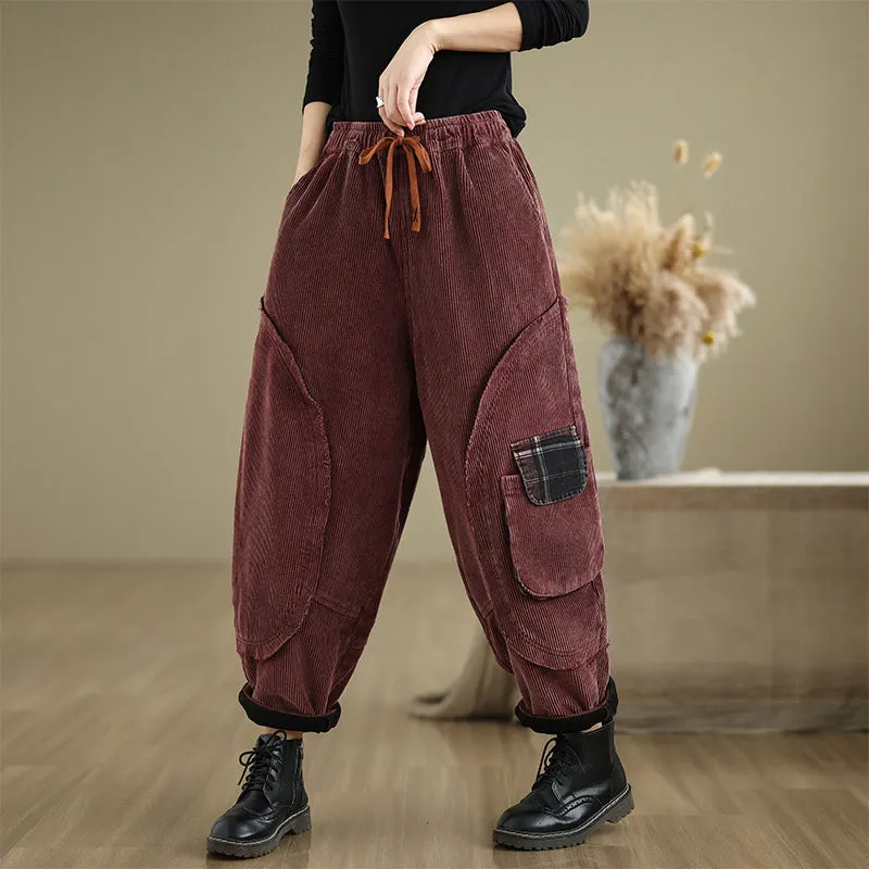 Maxct Women Winter Corduroy Fleece-Lined Casual Cropped Harem Pants
