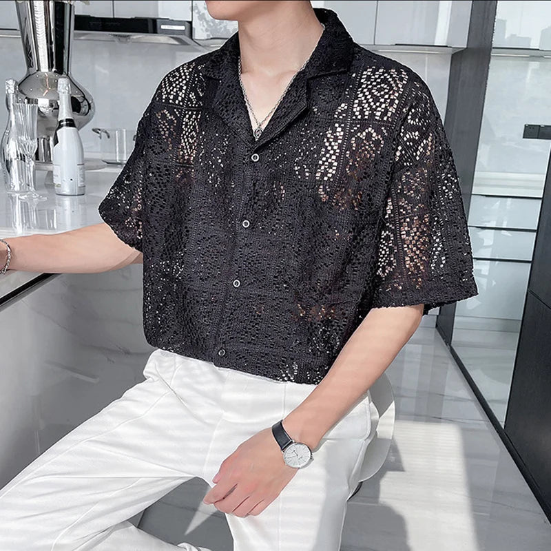 Maxct Summer New Casual Hollow Out Shirts Men Sexy See Through Breathable Shirt For Mens Fashion Solid Color Lapel Buttoned Cardigans