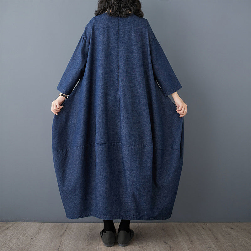 Maxct Women Spring Retro Oversized Vintage Denim Casual Long Dress