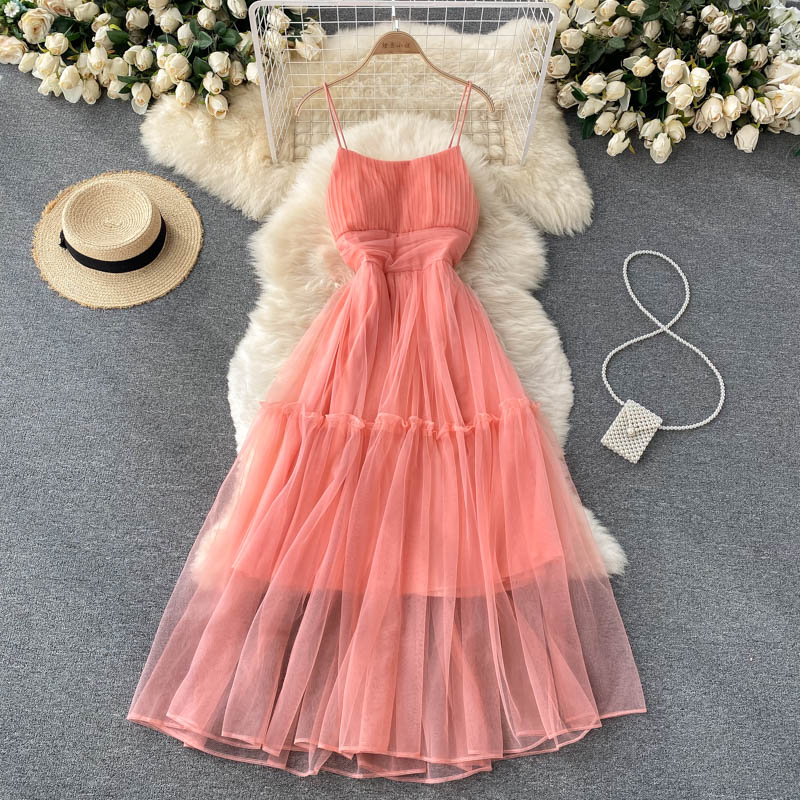 Women's Sexy Mesh Spaghetti Strap Long Dress Summer Orange/Purple/Blue/Pink Ruffle A-Line Beach Robe Female Elegant Party Vestidos