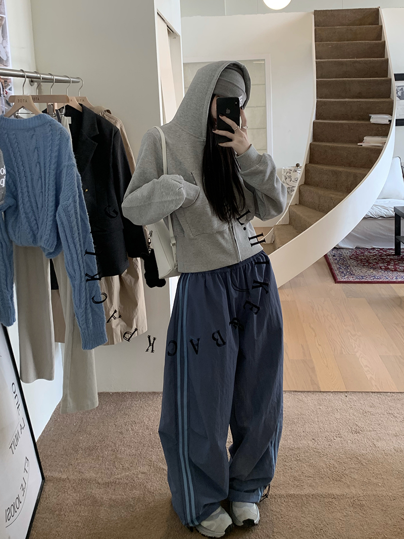 Grey Cropped Hoodies Zip Up Long Sleeve Sweatshirt Cardigan Oversized Autumn Fashion Wide Leg Track Pants Two Piece Sets