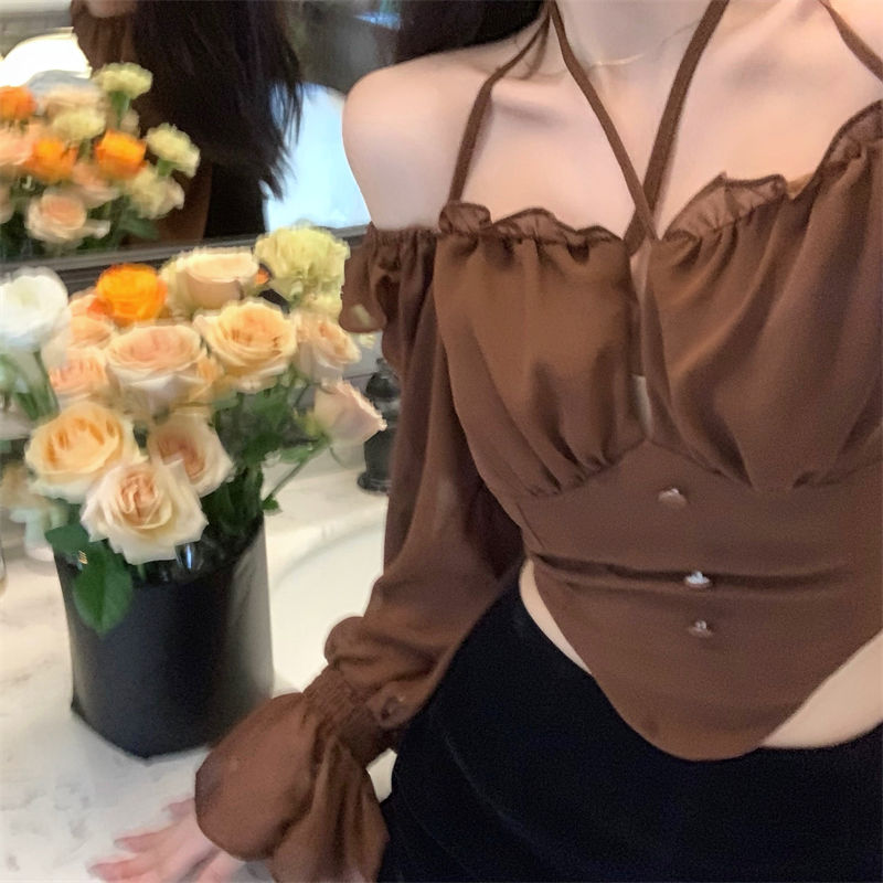 Shirts Blouses Spring Autumn Halter Off Shoulder Ruffles Patchwork Blusa Feminina Vintage Elegant Sexy Camisas De Mujer