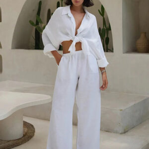 Maxct White Casual Cotton Linen Trousers Suit Women's Loose Long Sleeve Shirt Top Elastic Waist Pants Female Outfits Autumn New