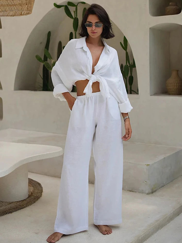 Maxct White Casual Cotton Linen Trousers Suit Women's Loose Long Sleeve Shirt Top Elastic Waist Pants Female Outfits Autumn New